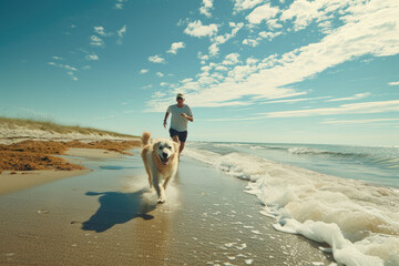 A joyful run on the beach with a man and his golden retriever under a sunny sky.
