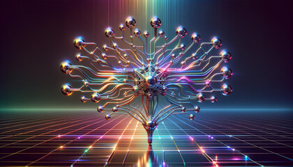 Sleek 3D neural network diagram with vibrant cyber-inspired aesthetic.