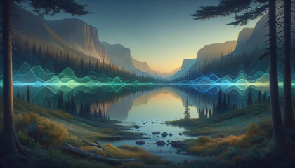 Tranquil landscape with glowing voice recognition waveforms.