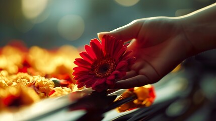A person holding a red flower in a moment of sorrow over the loss of a loved one. A hand holding a red flower near a coffin paying its last respects. - obrazy, fototapety, plakaty