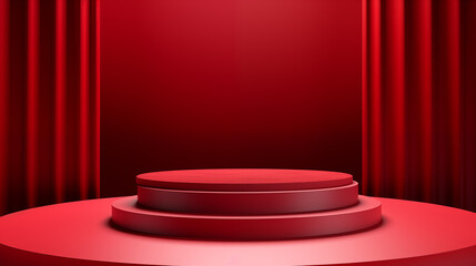 Empty podium pedestal, red background stand for product, goods. Shelf with product advertising. 3d render illustration. 