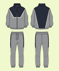 Men's Terry Fleece Athleisure Zip Through Funnel Neck Sweatshirt Jogger Set Fashion Flat Sketch with Black and White Outline – Front and Back View Template Mock-up
