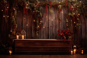 Fototapeta na wymiar a background arrangement of lights, red flowers, candles, chairs. Christmas themed