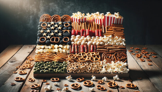 An image of a variety of snacks such as pretzels, chips, and popcorn, arranged in a visually appealing pattern - Generative AI