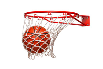 Basketball falling into the net on a hoop isolated on a white background - obrazy, fototapety, plakaty