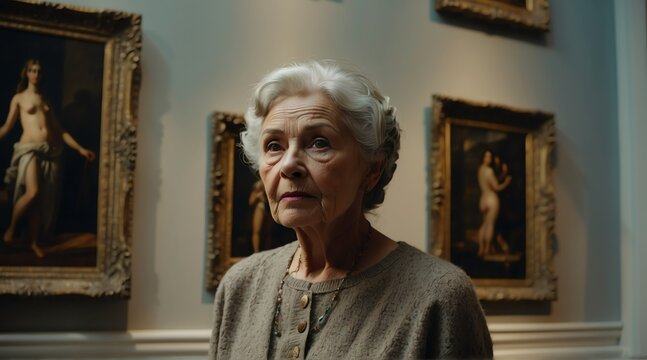 Portrait of a beautiful elderly woman looking at museum paintings in an old museum art gallery from Generative AI