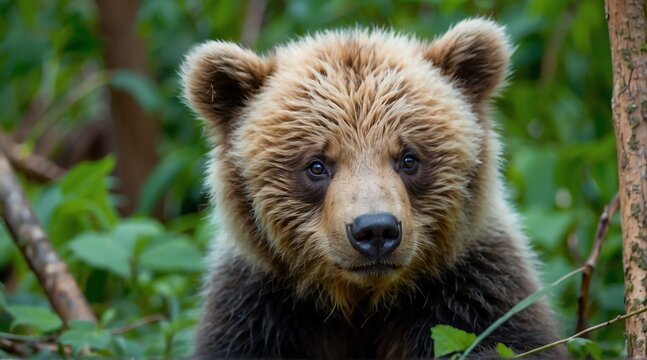 Closeup of a baby bear on the jungle from Generative AI