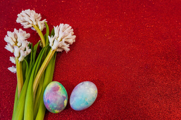 Happy easter! Flat Lay, postcard or Internet banner with Copy Space on Easter