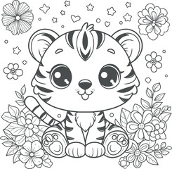 Cartoon Cute tiger baby black outlines monochrome vector illustration coloring page Generated by Ai 