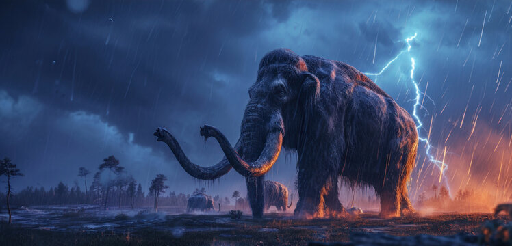 Mammoth in prehistoric wild field with lightning bolt.