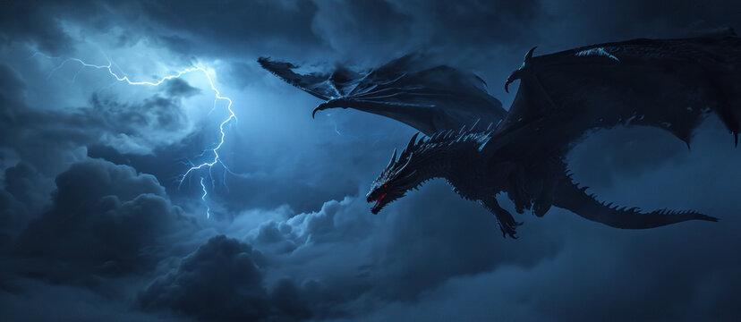 Powerful dragon flying in sky with clouds and lightning bolt.