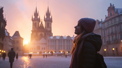 Fototapeta na wymiar A female traveler at Prague city street.