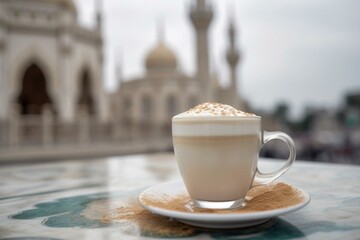 Creamy cappuccino in front of a mosque. Generative AI