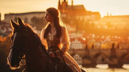 Schilderijen op glas Lifestyle portrait of a beautiful Medieval lady on horseback in Prague city in Czech Republic in Europe. © Joyce