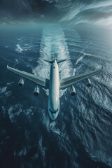 An airplane flies over the ocean, leaving a trail on the water. Travel and vacation concept illustration created with Generative AI