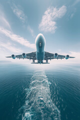 The plane flies low over the ocean, beautiful blue sky and clouds. Travel and vacation concept illustration created with Generative AI