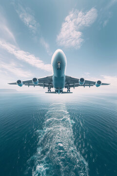 The plane flies low over the ocean, beautiful blue sky and clouds. Travel and vacation concept illustration created with Generative AI