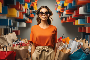 portrait of a woman, shopping concept, sales concept, abstract background, in style of minimalistic poster art - 727521521