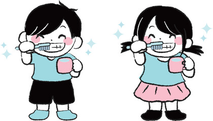 歯みがきをする男の子と女の子の子ども2-3