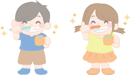 歯みがきをする男の子と女の子の子ども2-2