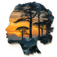 Harmony of Nature and Womanhood: Ethereal Double Exposure Captures Silhouette of Woman Against Modern Forest Sunset. Surrender to the Serenity of Nature's Embrace - obrazy, fototapety, plakaty