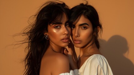two young Arab women best friend sisters against neutral orange background in studio