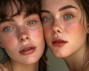 Fototapeta premium Close up two pretty teenage girls, best friends together having fun, posing emotional, happy smiling. Lifestyle people concept. Bestie selfie.