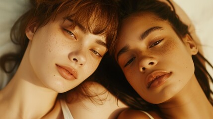 two young women pose on a bed, close up on faces