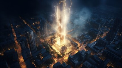 Aerial view of bright lightning strike on city building in a thunderstorm at night.