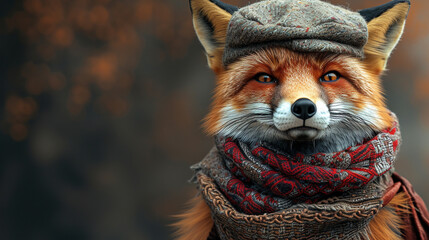 A fox in a bohemian scarf and beret, looking like a true artist. - obrazy, fototapety, plakaty