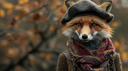 A fox in a bohemian scarf and beret, looking like a true artist.