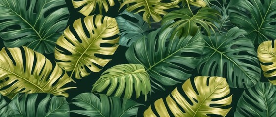 Green palm leaf pattern with golden accents, perfect for luxurious summer designs.