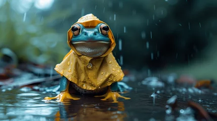 Deurstickers A frog in a raincoat and boots, ready for a fashionable splash. © AI By Ibraheem