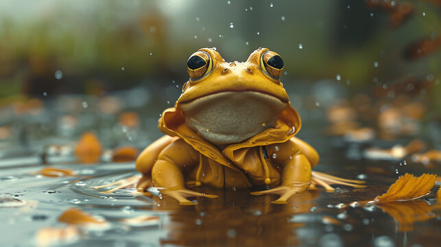 A frog in a raincoat and boots, ready for a fashionable splash.