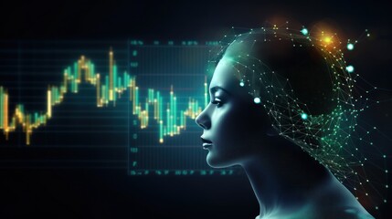 Human head with charts and diagrams analysis background. AI finance and investment theme concept.