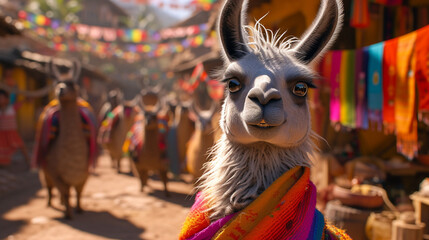 A llama in a colorful poncho, standing out in the crowd. - Powered by Adobe