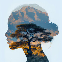 Harmony of Nature and Womanhood: Ethereal Double Exposure Captures Silhouette of Woman Against Modern Forest Sunset. Surrender to the Serenity of Nature's Embrace - obrazy, fototapety, plakaty