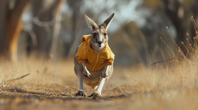 A kangaroo in a sporty tracksuit, hopping around with flair.
