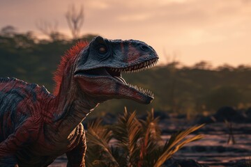 Naklejka premium Dinosaur stands in prehistoric environment. Photorealistic.