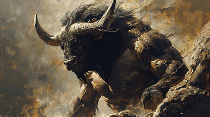 Illustration of an angry bull with big horns and a human torso - obrazy, fototapety, plakaty