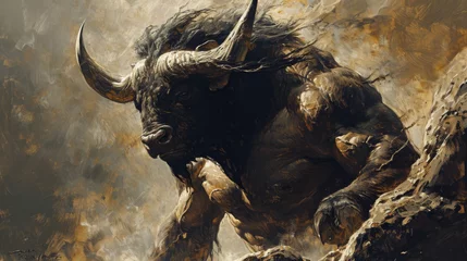 Foto op Plexiglas Illustration of an angry bull with big horns and a human torso © jr-art