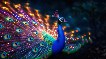 A peacock with a tail of luminous, LED-lit feathers, dazzling the night.