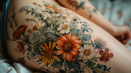 Creative colorful flowers tattoo on a woman's skin