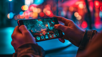 Young man playing video games on mobile phone in the city at night