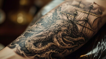 A tattoo with an octopus and a ship - obrazy, fototapety, plakaty