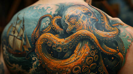 Large tattoo of an octopus and a ship on a man's back