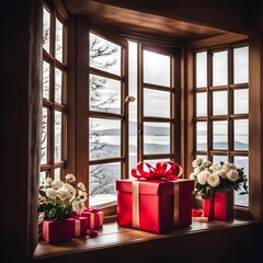 Serene Winter Gifts: Red Packages by Snowy Lake View