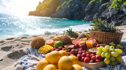 healthy fruit basket on the beach - obrazy, fototapety, plakaty