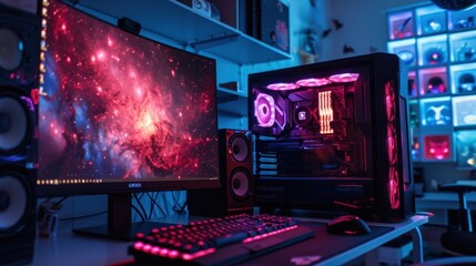 Obraz premium Cyberpunk futuristic style work space illustration.