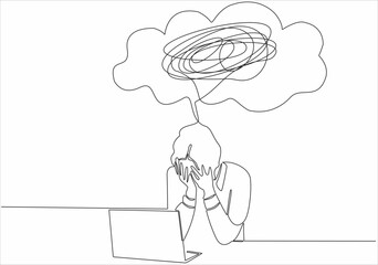 Continuous line drawing of young woman feeling sad, tired and worried suffering from depression in mental health. problem, failure and broken heart concept isolated on white background